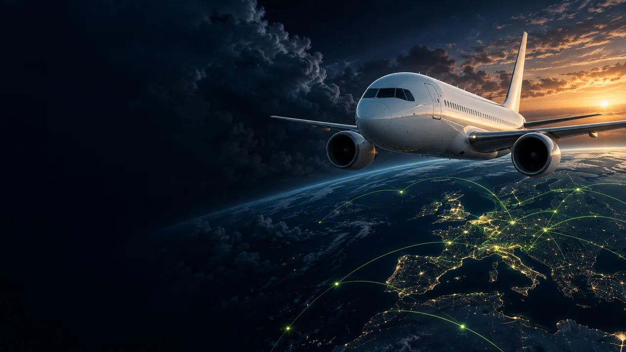 Passenger aircraft above an illuminated globe at sunset